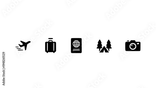 Simple vector icons representing travel essentials such as airplane, luggage, passport, nature, and camera.