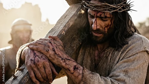 Jesus Christ carrying the heavy wooden cross, enduring immense suffering, agony on the road to Calvary, depicting the sacrifice of Good Friday, ancient biblical event