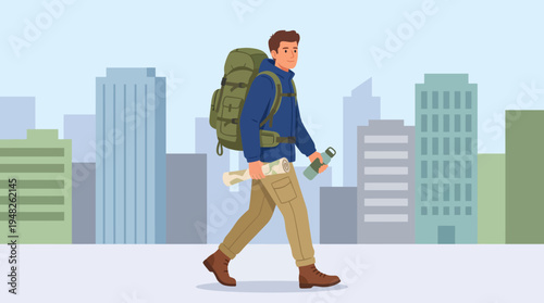 This engaging illustration depicts a man hiking with a backpack and carrying rolled maps, representing exploration, adventure, and discovery in urban settings or nature.