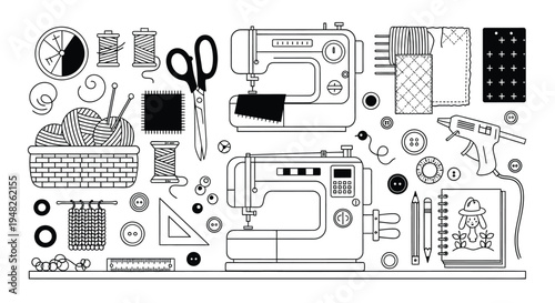 black and white illustration of various office supplies