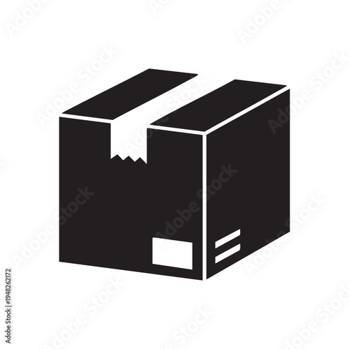 A simple black and white illustration of an open cardboard box with white tape securing it