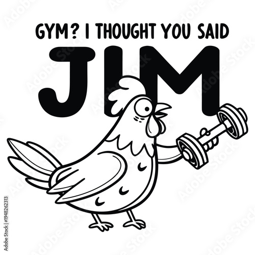 A cartoon chicken lifting a dumbbell with text playfully referencing a misunderstanding of names high quality