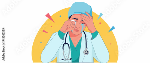 This image portrays a stressed medical professional, reflecting the emotional toll of healthcare work, capturing feelings of concern, exhaustion, and dedication to patient care.