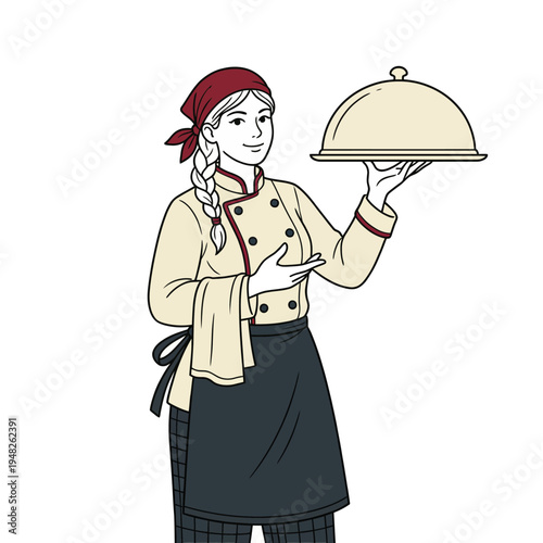 A friendly chef stands proudly holding a covered dish, showcasing culinary skills and passion for cooking, emphasizing the joy of gourmet food creation and presentation.