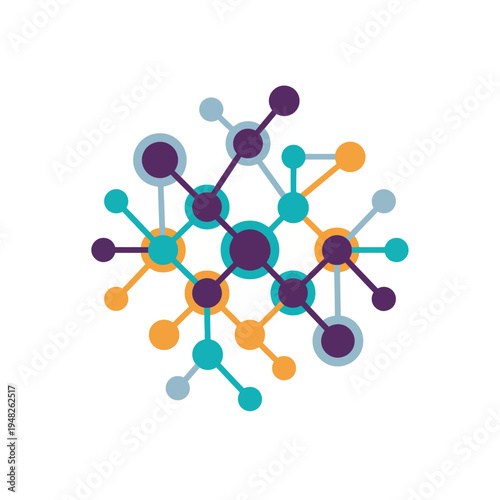 A vibrant illustration showcasing interconnected molecules, symbolizing complex relationships and networks in science, technology, and human connections in life.