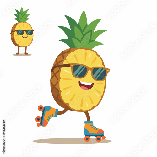A fun and friendly illustration of a pineapple character on roller skates wearing sunglasses, embodying joy, playfulness, and a zest for life in a humorous style.