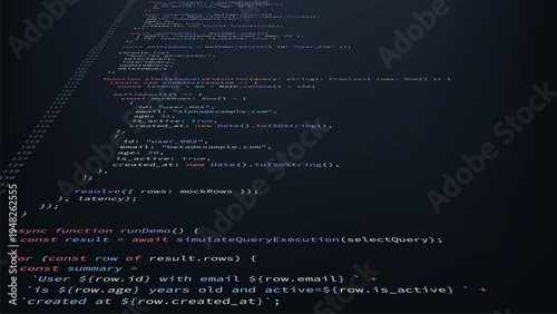 Computer screen with colorful programming code. Software developer environment syntax. Scripting language lines on dark digital display for web application development and coding concept.
