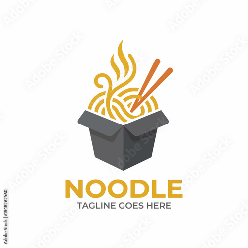 This creative design showcases a noodle box filled with steam rising from the noodles, accompanied by chopsticks, ideal for promoting Asian cuisine or casual dining experiences.
