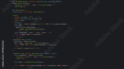 TypeScript source code on dark background. Software engineering concept showing backend database query builder logic. Programming development environment for web application project.