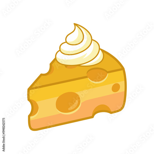 This vibrant slice of cheese features a smooth gradient, holes, and a dollop of cream on top, creating an appetizing appearance perfect for culinary use or food-related designs.