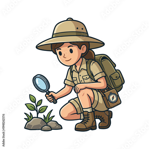 The image captures a young explorer in a safari outfit, intently examining a sprouting plant with a magnifying glass, symbolizing curiosity and the spirit of adventure in nature.