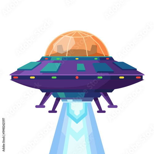 An eye-catching illustration of a futuristic UFO featuring vibrant colors and a glowing beam of light, perfect for representing sci-fi themes, outer space adventures, or alien stories.