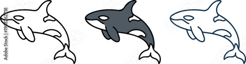 Minimalist dolphin icon set with line art, gray silhouette, and blue outline variations showing playful side profile design