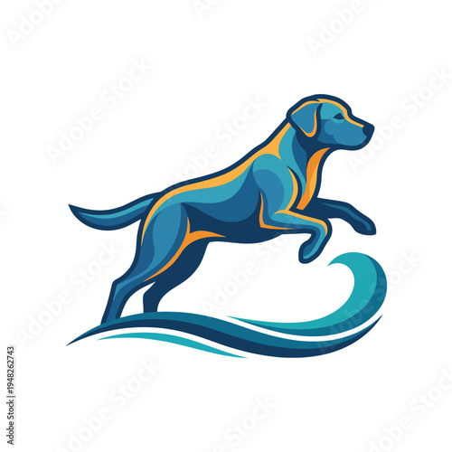 A vibrant blue dog playfully jumps over stylized waves, showcasing dynamic movement and energy in this eye-catching design that captures both joy and freedom beautifully.