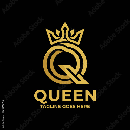 A luxurious gold emblem featuring a crown and elegant typography, creating a striking brand identity that symbolizes power, royalty, and sophistication for 'Queen'.