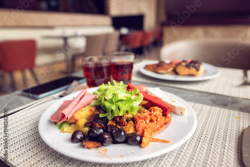 Restaurant breakfast: variety of flavors