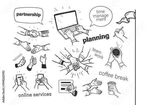Hands illustrations. Vector concepts of hands in different activities. Creative illustrations for graphic and web design, marketing, business presentation, social media
