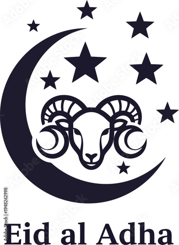 Eid al Adha Greeting Design with Ram, Crescent Moon and Stars Vector Illustration