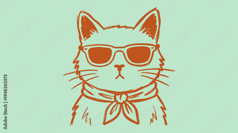 Obraz premium Sketchy illustration of a cool cat in sunglasses, with a bandana, presenting a hip and fashionable animal