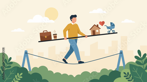 Man skillfully navigating the challenging tightrope of modern work-life balance amidst career and family responsibilities
