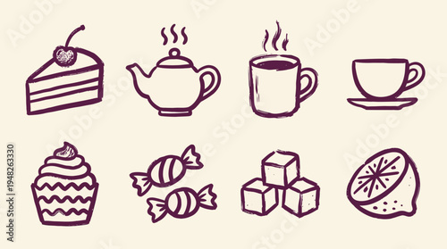 A delightful array of hand-drawn illustrations representing comforting sweet treats and warm beverages for food-themed designs