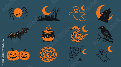 Halloween icons spooky spider, ghost, bat, pumpkin, snake, and cauldron art