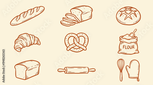 Artistic hand-drawn bakery icons collection, featuring a delightful assortment of fresh breads, scrumptious pastries, and essential baking tools