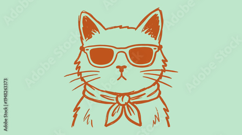 Sketchy illustration of a cool cat in sunglasses, with a bandana, presenting a hip and fashionable animal