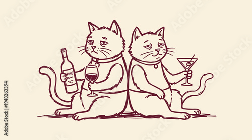 Whimsical illustration of two feline friends finding solace and a bit of sadness in their favorite adult beverages