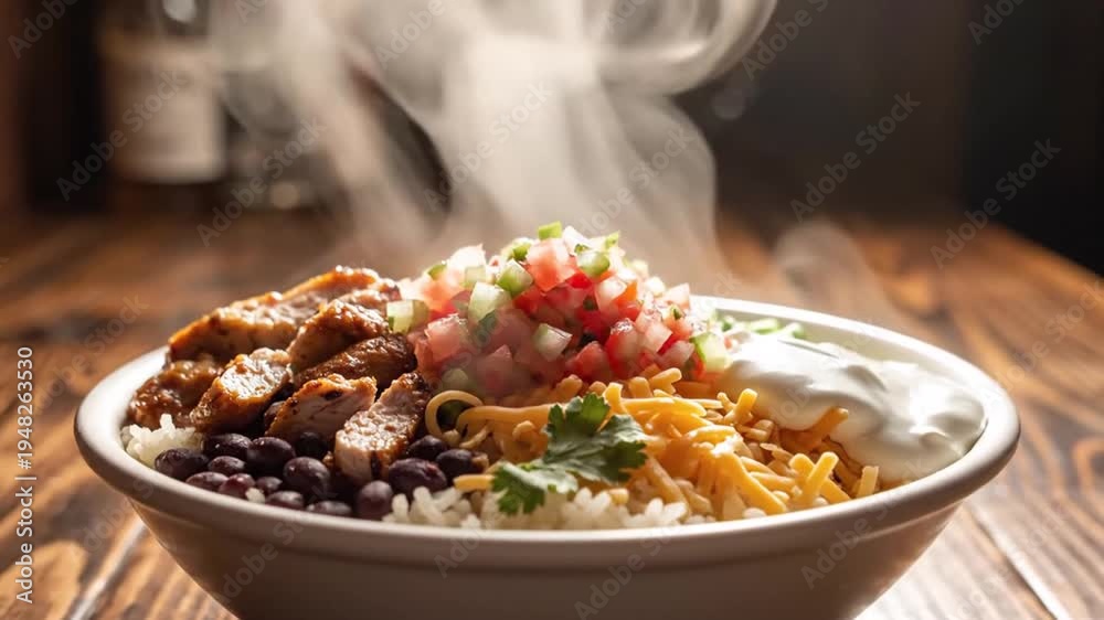 custom made wallpaper toronto digitalA steaming bowl of mexican-inspired food featuring grilled chicken, black beans, rice, pico de gallo, shredded cheese, and sour cream