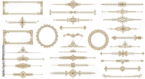 Extensive Collection of Elegant Golden Ornate Design Elements, Borders, and Dividers for Vintage-Inspired Projects