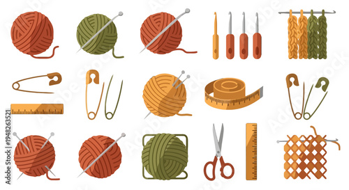Collection of essential tools and colorful yarns for knitting and crochet hobbies and handmade textile projects