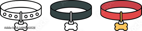 Minimalist dog collar icon set with bone tags in black, gray, and red variations arranged horizontally on white background