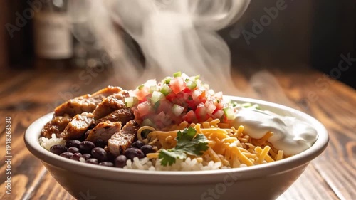 Wallpaper Mural A steaming bowl of mexican-inspired food featuring grilled chicken, black beans, rice, pico de gallo, shredded cheese, and sour cream Torontodigital.ca