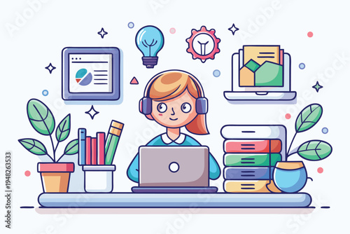 Young woman with headphones working on laptop at organized desk featuring plants and digital icons