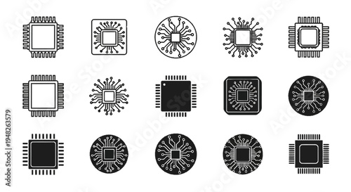 Dynamic array of microchip and integrated circuit vector icons, embodying the core of digital technology and innovation