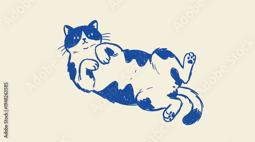 Charming naive hand-drawn illustration of a relaxed domestic cat enjoying a cozy moment of blissful idleness