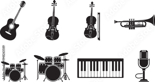 Black and white musical instruments guitar violin trumpet drums