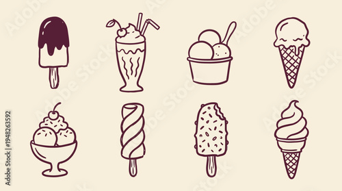 A delightful collection of frozen desserts in a charming doodle art style