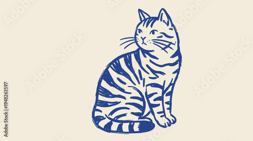 Delightful Blue Striped naive drawn Cat Illustration with a Curious Gaze