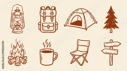 Hand-drawn collection of outdoor adventure and camping essentials icons, perfect for nature exploration