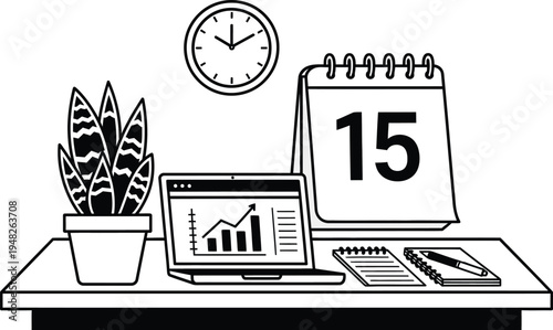office desk with laptop calendar and plant