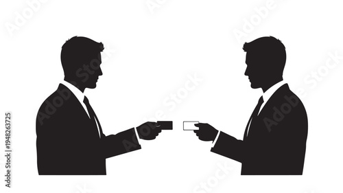 Black Silhouette of Two Businessmen Exchanging Business Cards, Networking Concept, Flat Vector Illustration Isolated on White Background