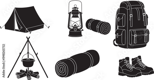 Black and white of camping gear tent lantern backpack sleeping bag