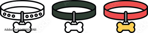 Minimalist dog collar icon set with bone tags in black, gray, and red variations arranged horizontally on white background