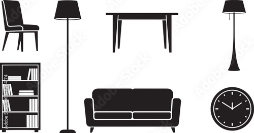 Black and white of furniture and home decor chair table lamp floor lamp bookshelf