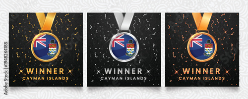 Cayman Islands Winner Medals Set - Gold, Silver, Bronze Awards with Cayman Flag for Sports and Victory