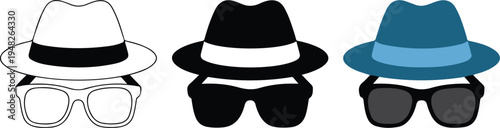 Minimalist spy and detective icon set with fedora hat and sunglasses in line art, black and blue variations
