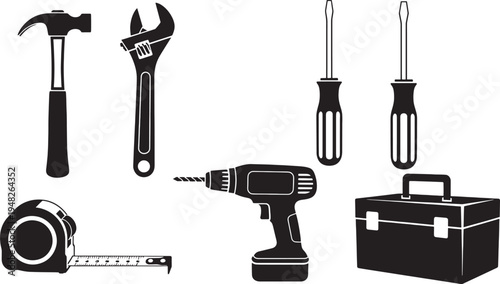 Black and white of various hand tools and a toolbox hammer wrench