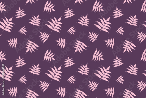 Seamless pattern Pink feathery leaves scattered Isolated violet background Elegant minimal botanical design For textiles, wallpapers, wrapping paper stationery feminine branding Autumn design